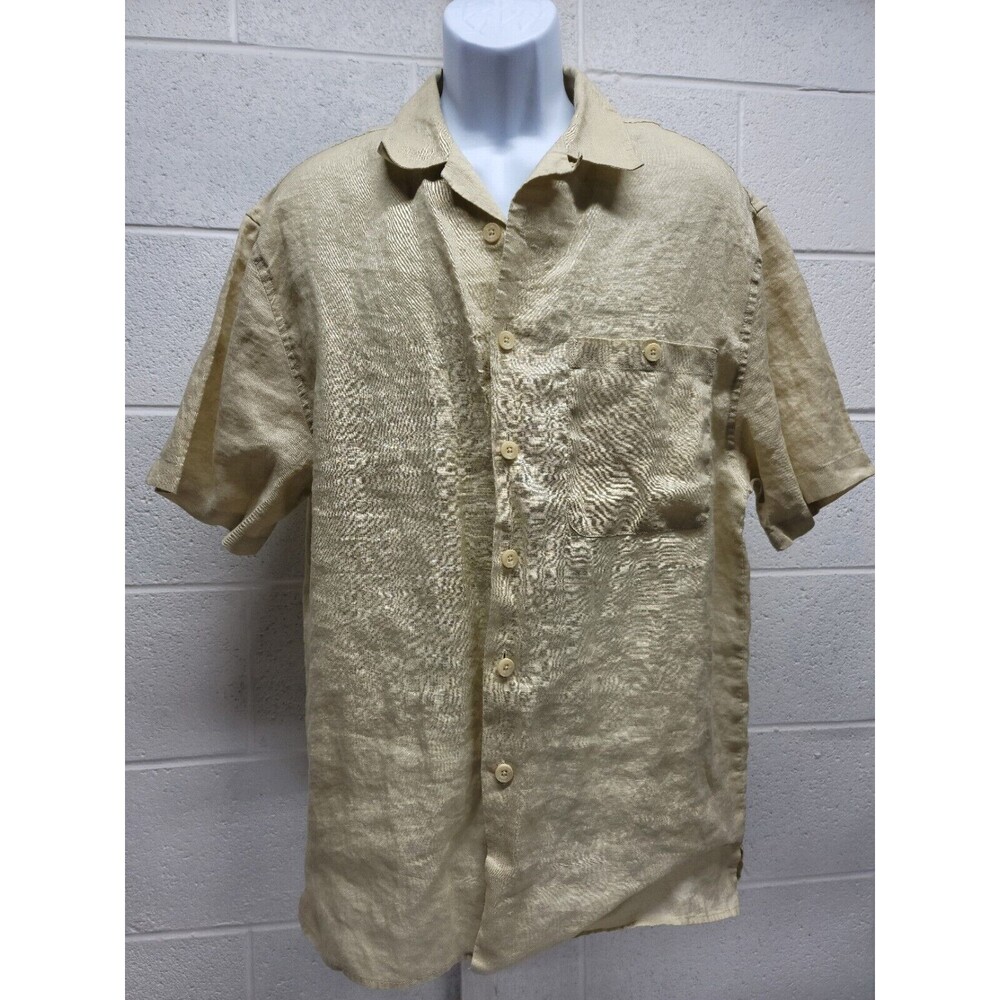 Trust Linen Shirt Mens Light Olive Green Short Sleeve Button Up Collared Check L